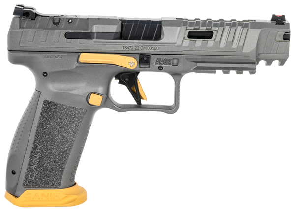 Canik HG6610TN SFx Rival Full Size 9mm Luger 18+1, 5" Black Steel Barrel, Rival Gray Ported/Serrated Slide, Rival Gray w/Gold Accents Polymer Frame w/Beavertail & Picatinny Rail, Ambidextrous