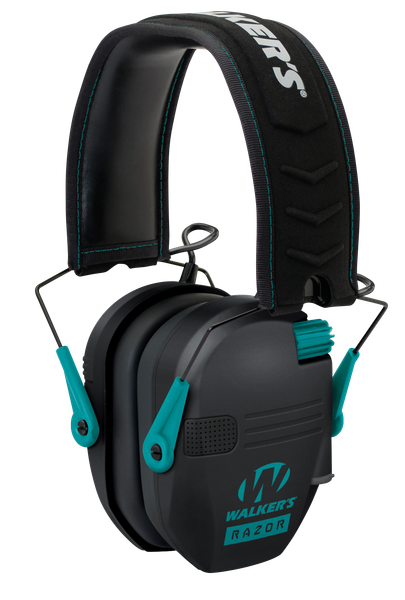 Walker's GWPRSEMTL Razor Slim Electronic Muff 23 dB Over the Head Black Polymer w/Teal Accents