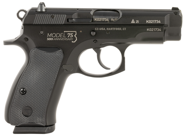 CZ-USA 91122 CZ 75 Compact 50th Anniversary 9mm Luger 15+1 3.75" Black Steel Barrel & Serrated Slide, Black Polycoat Steel Frame w/Beavertail, Black Plastic Grip, Right Hand