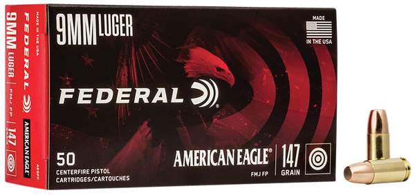 Federal AE9FP American Eagle Handgun 9mmLuger 147gr Full Metal Jacket Flat Point 50 Per Box/20 Case