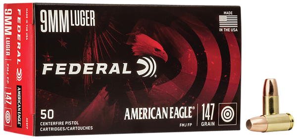 Federal AE9FP American Eagle Handgun 9mmLuger 147gr Full Metal Jacket Flat Point 50 Per Box/20 Case
