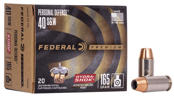 Federal P40HS3 Premium Personal Defense 40S&W 165gr Hydra-Shok Jacketed Hollow Point 20 Per Box/25 Case