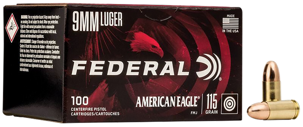 Federal AE9DP100 American Eagle Handgun 9mmLuger 115gr Full Metal Jacket 100 Per Box/5 Case