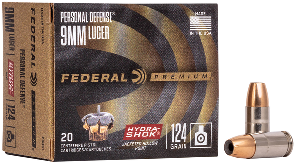 Federal P9HS1 Premium Personal Defense 9mmLuger 124gr Hydra-Shok Jacketed Hollow Point 20 Per Box/25 Case
