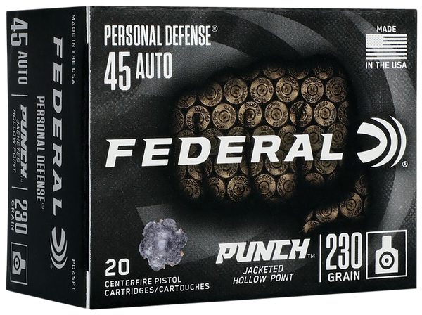 Federal PD45P1 Punch Personal Defense 45ACP 230gr Jacketed Hollow Point 20 Per Box/10 Case