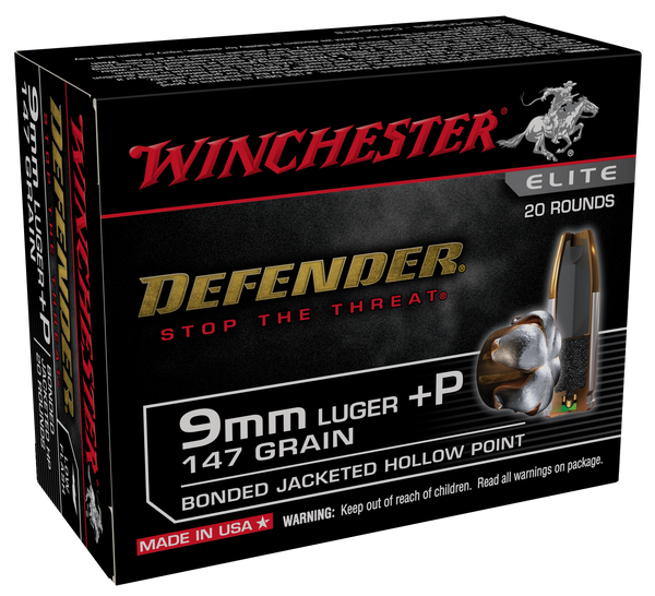 Winchester Ammo S9MMPDB2 Defender  9mmLuger+P 147gr Bonded Jacket Hollow Point 20 Per Box/10 Case