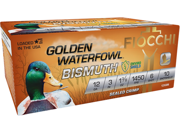 Fiocchi 123GB6 Golden Waterfowl Bismuth 12Gauge 3" 1 3/8oz 6Shot 10 Per Box/10 Case