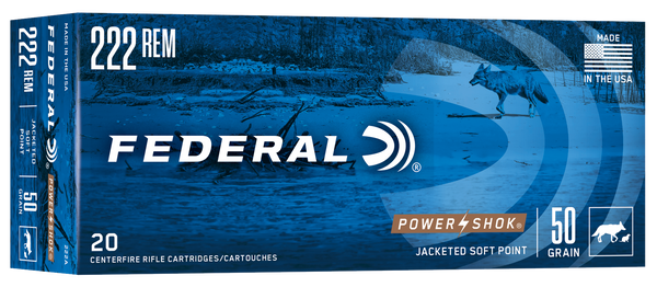 Federal 222A Power-Shok  222Rem 50gr Jacketed Soft Point 20 Per Box/10 Case