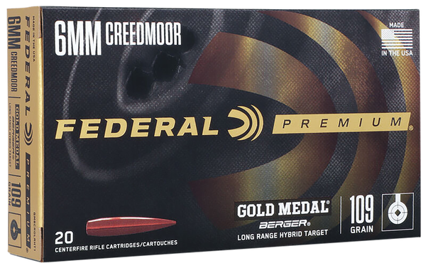 Federal GM6CRDLRHT1 Premium Gold Medal 6mmCreedmoor 109gr Berger Long Range Hybrid Target 20 Per Box/10 Case