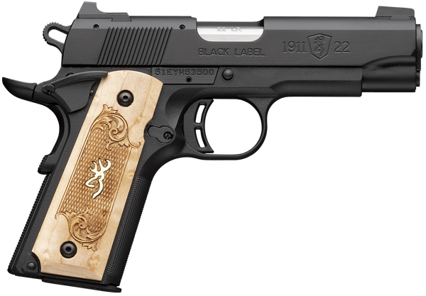 Browning 051068490 1911-22 Black Label Medallion Compact Frame 22 LR 10+1 3.63" Stainless Steel Barrel, Matte Black Serrated Slide, Matte Black Aluminum Frame w/Beavertail, Maple Medallion Grip