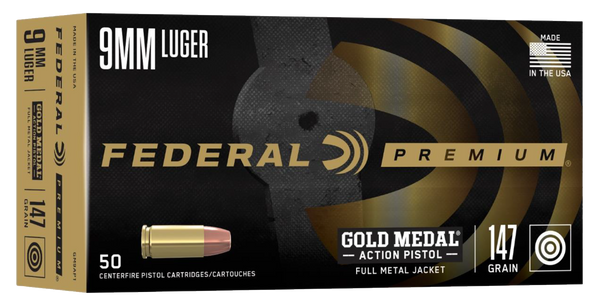 Federal GM9AP1 Gold Medal Centerfire Pistol 9mmLuger 147gr Full Metal Jacket 50 Per Box/10 Case