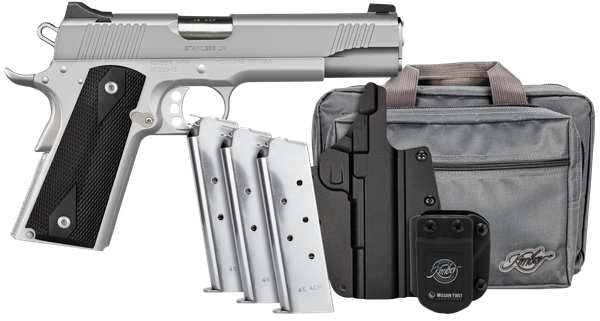 Kimber Mfg, Inc 3700826 Stainless LW Club Bundle Full Size Frame 45 ACP 7+1 5" Stainless Match Grade Barrel, Serrated Stainless Steel Slide, Stainless Aluminum Frame w/Beavertail, Black Textured Grip