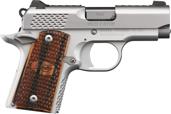 Kimber Mfg.,inc 3300109 Micro 9 Stainless Raptor 9mm 6+1 3.15" Stainless Steel Slide KimPro Silver Zebrawood with Scale Pattern and Kimber logo Grip