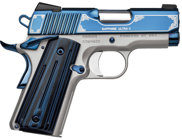 Kimber Mfg, Inc 3200273 Ultra II  9mm Luger 8+1 3" Stainless Match Grade Barrel, Engraved Sapphire Blue PVD Serrated Stainless Steel Slide, Satin Silver Aluminum Frame w/Beavertail, G10 Grip