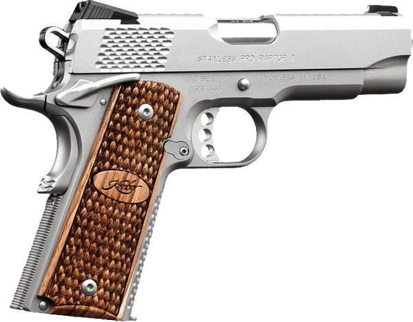 Kimber Mfg.,inc 3200195 Stainless Pro Raptor II 45ACP 8+1 4" Stainless Steel Slide Satin Silver Zebrawood w/ Scale Pattern and Kimber Logo Grip