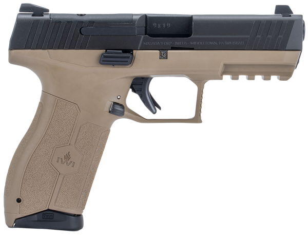 IWI US M9ORP10FDNS MASADA  Full Size 9mm Luger 10+1, 4.10" Black Button Rifled Steel Barrel, Black Optic Ready/Serrated Steel Slide, Flat Dark Earth Polymer Frame w/Picatinny Rail, Ambidextrous