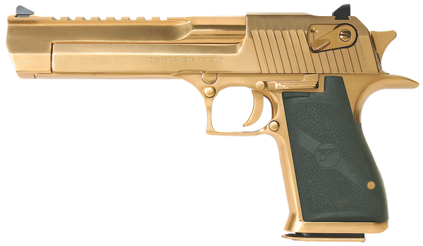 Magnum Research DE50TG Desert Eagle Mark XIX 50 AE Caliber with 6" Picatinny Rail Barrel, 7+1 Capacity, Overall Titanium Gold Finish Carbon Steel, Beavertail Frame, Serrated Slide & Black Rubber Grip
