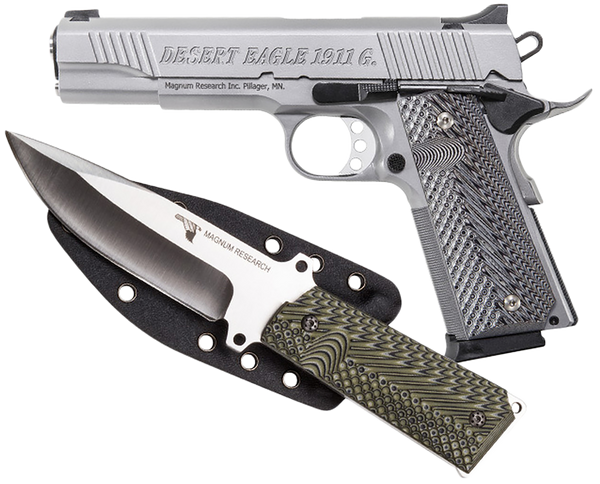 Magnum Research DE1911GSS-K Desert Eagle 1911  w/ 1911 Fixed Blade Knife 45 ACP 8+1 5.01" Stainless Steel Slide Matte Stainless Steel Black/Gray G10 Grip