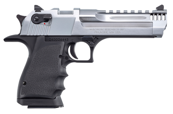 Magnum Research DE50L5BC Desert Eagle L5 50 AE 5" with Muzzle Brake 7+1 Black Hardcoat Anodized Aluminum Frame Brushed Chrome Carbon Steel Slide Black Hogue Wraparound Rubber Grip