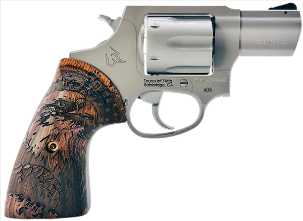Taurus 2-605029-US2 605  Small 357 Mag/38 Special +P 5 Shot 2" Matte Stainless Steel Barrel & Frame, Polished Cylinder, Custom Designed Wood Grip w/Eagle, Transfer Bar Safety, Exposed Hammer