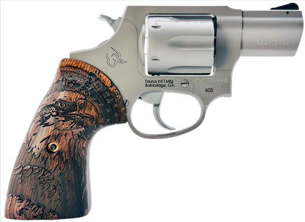 Taurus 2-605029-US2 605  Small 357 Mag/38 Special +P 5 Shot 2" Matte Stainless Steel Barrel & Frame, Polished Cylinder, Custom Designed Wood Grip w/Eagle, Transfer Bar Safety, Exposed Hammer