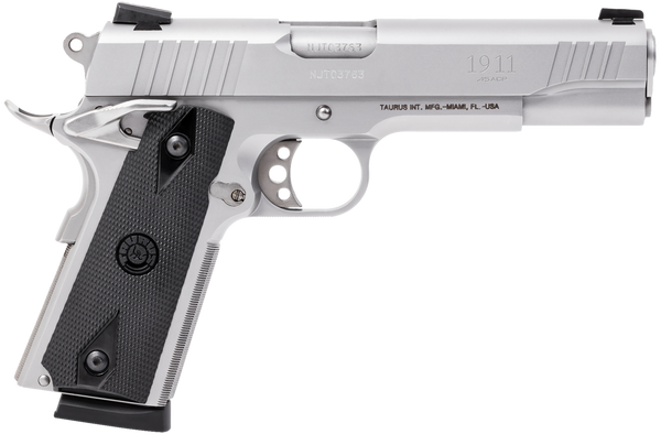Taurus 1-191109 1911  Full Size Frame 45 ACP 8+1 5" Matte Stainless Steel Barrel, Serrated Slide, Matte Stainless Steel Frame w/Beavertail, Black Checkered Polymer Grip, Right Hand