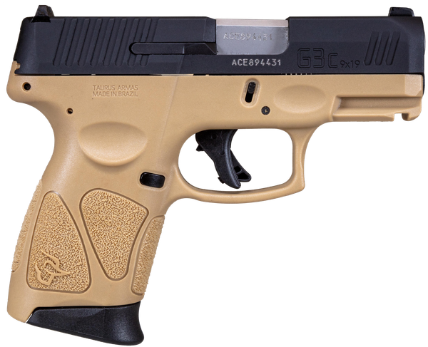Taurus 1G3C931T G3C  Compact Frame 9mm Luger 12+1 3.26" Matte Stainless Steel Barrel, Matte Black Tenifer Serrated Steel Slide, Tan Polymer Frame w/Picatinny Rail, Black Polymer Grip, Right Hand