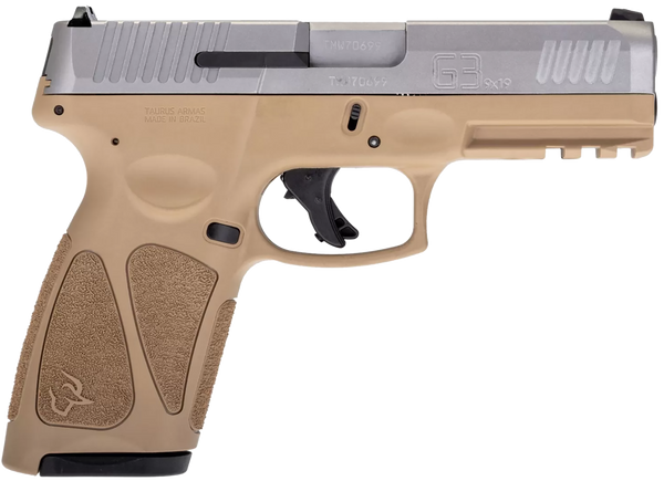Taurus 1G3B949T G3  Full Size Frame 9mm Luger 15+1/17+1 4" Matte Stainless Steel Barrel, Matte Serrated Stainless Steel Slide, Tan Polymer Frame w/Picatinny Rail, Tan Polymer Grip, Right Hand
