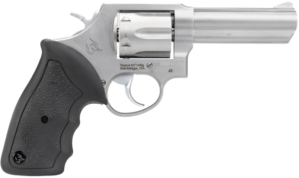 Taurus 2-650049 65  Medium 357 Mag/38 Special +P 6 Shot 4" Matte Stainless Steel Barrel, Cylinder Matte & Frame, Black Finger Grooved Rubber Grip, Transfer Bar Safety, Exposed Hammer