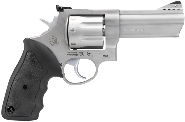 Taurus 2-608049 608  Large 357 Mag/38 Special +P 8 Shot 4" Matte Stainless Steel Ported Barrel, Cylinder & Frame, Black Finger Grooved Rubber Grip, Transfer Bar Safety, Exposed Hammer