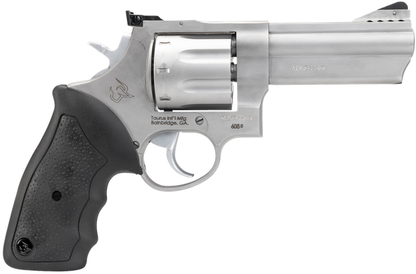 Taurus 2-608049 608  Large 357 Mag/38 Special +P 8 Shot 4" Matte Stainless Steel Ported Barrel, Cylinder & Frame, Black Finger Grooved Rubber Grip, Transfer Bar Safety, Exposed Hammer