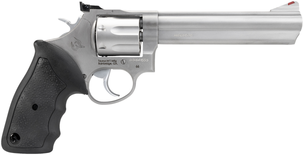 Taurus 2-660069 66  Medium 357 Mag/38 Special +P 7 Shot 6" Matte Stainless Steel Barrel, Cylinder & Frame, Black Finger Grooved Rubber Grip, Transfer Bar Safety, Exposed Hammer