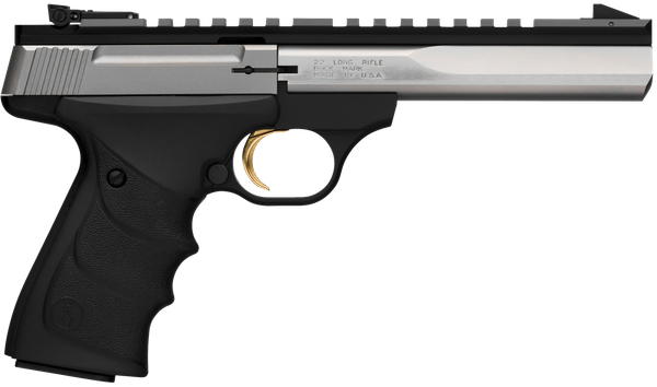 Browning 051507490 Buck Mark Contour 22 LR 10+1, 5.50" Polished Flats Contoured Barrel, Matte Stainless Serrated w/Picatinny Rail Slide, Matte Black Anodized Frame, Black URX Grip, Ambidextrous
