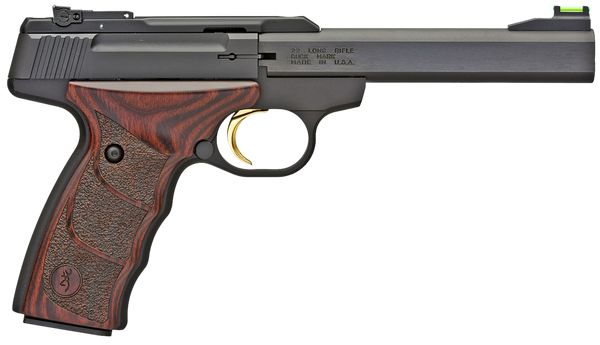Browning 051429490 Buck Mark Plus *CA Compliant 22 LR 10+1 5.50" Slab Side Barrel, Matte Black Serrated Steel Slide  & Aluminum Frame, Brown Finger Grooved Laminate Grips
