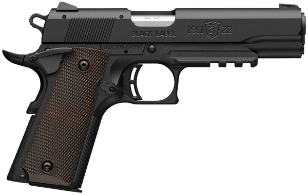 Browning 051065490 1911 Black Label Full Size Frame 22 LR 10+1 4.25" Stainless Steel Barrel, Matte Black Serrated Slide, Matte Black Polymer Frame w/Picatinny Rail, Brown Composite Grip