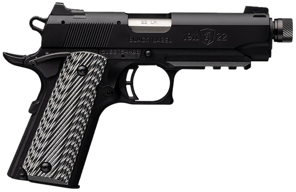 Browning 051821490 1911-22 Black Label Compact SR 22 LR 10+1 4.25" 3.50" Threaded Barrel, Matte Black Serrated Steel Slide & Polymer Frame w/Picatinny Rail & Beavertail, Black/Gray Textured G10 Grips