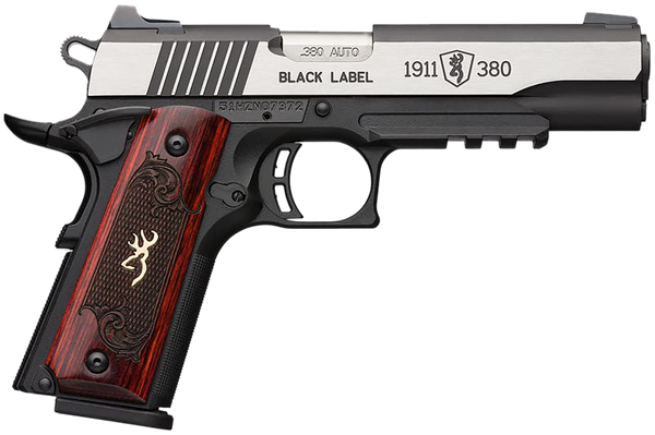 Browning 051971492 1911 Black Label Medallion Pro 380 ACP 8+1 4.25" Target Crown Barrel, Blackened w/Silver Polished Flats Serrated SS Slide, Matte Black Polymer Frame w/Beavertail & Picatinny Rail