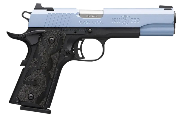 Browning 051989492 1911-380 Black Label Full Size Frame 380 ACP 8+1, 4.25" Matte Stainless Steel Barrel, Polar Blue Cerakote Serrated Aluminum Slide, Matte Black Polymer Frame w/Beavertail