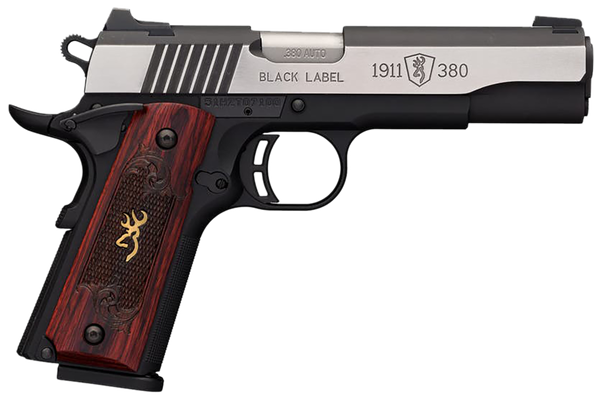 Browning 051912492 1911-380 Black Label Medallion Pro 380 ACP 8+1 4.25" Target Crown Barrel, Blackened w/Silver Polished Flats Serrated SS Slide, Matte Black Polymer Frame  w/Beavertail