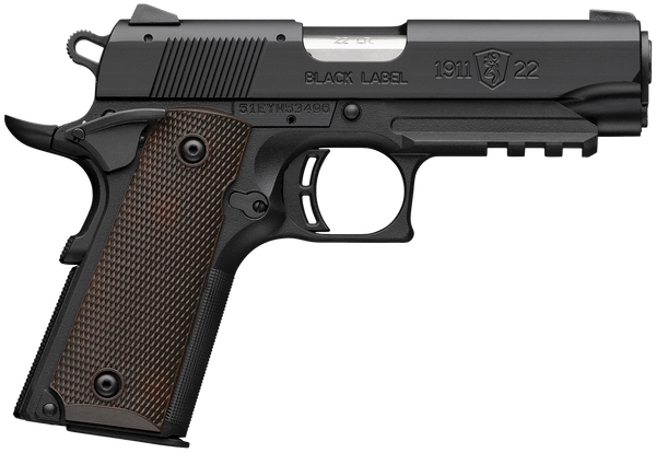 Browning 051066490 1911 Black Label Compact Frame 22 LR 10+1 3.63" Stainless Steel Barrel, Matte Black Serrated Slide, Matte Black Aluminum Frame w/Picatinny Rail, Brown Composite Grip