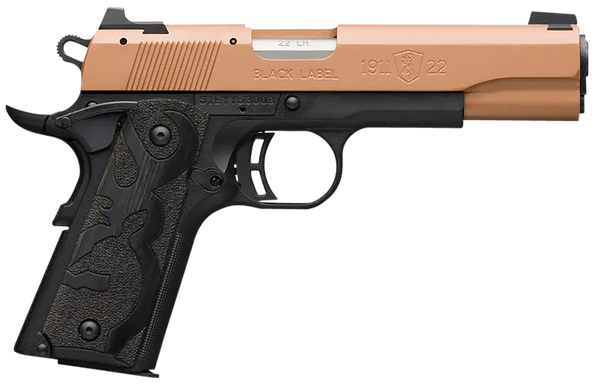 Browning 051895490 1911 Black Label Full Size Frame 22 LR 10+1, 4.25" Matte Stainless Steel Barrel, Copper Cerakote Serrated Slide, Matte Black Polymer Frame w/Beavertail, Black Laminate Wood Grip