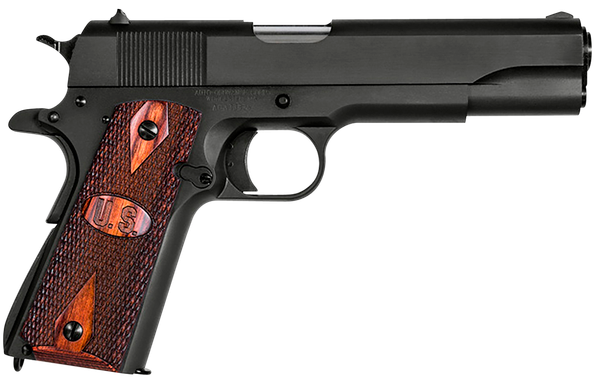 Auto-Ordnance 1911BKOW 1911 A1 GI Spec 45 ACP 7+1, 5" Stainless Steel Barrel, Matte Black Serrated Carbon Steel Slide & Frame w/Beavertail, Checkered Wood w/Integrated US Logo Grip