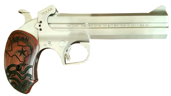 Bond Arms BATX Texan  Derringer Single 45 Colt (LC)/410 Gauge 2rd, 6" Stainless Steel Double Barrel & Frame, Blade Front/Fixed Rear Sights, Custom Engraved Rosewood Grip, Manual Safety
