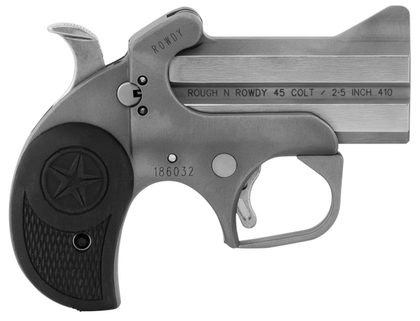 Bond Arms BARW Rowdy  45 Colt (LC)/410 Gauge 2rd 3" Polished Stainless Steel Double Barrel & Bead Blasted Frame, Auto Extractor & Rebounding Hammer, Blade Front/Fixed Rear Sights, Rubber Grip, Manual