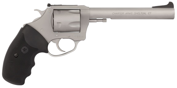 Charter Arms 79960 Pitbull  Large 9mm Luger, 5 Shot 6" Matte Stainless Steel Barrel, Cylinder & Frame w/Black Finger Grooved Rubber Grip