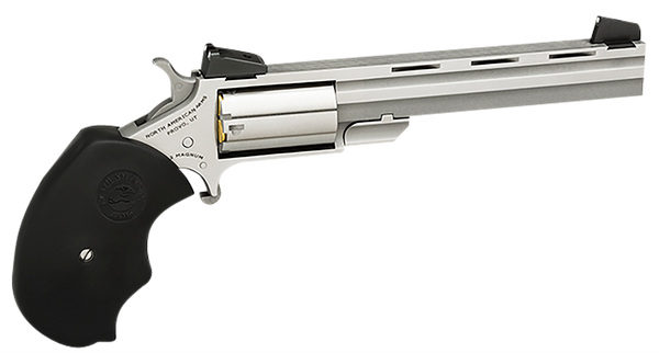 North American Arms MMTL Mini-Master *CA Compliant 22 LR 5 Shot 4" Stainless Steel Vent Rib Barrel, Stainless Steel Frame, Stainless Cylinder, Black Finger Grooved Rubber Grip, Exposed Hammer