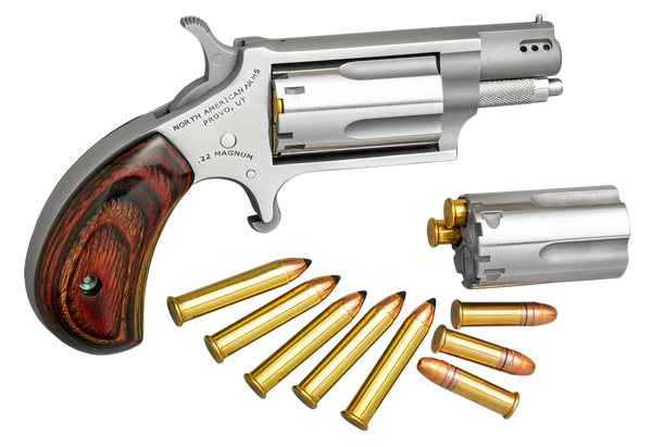 North American Arms 22MSCP Mini-Revolver Combo 22 LR/22 WMR 5 Shot 1.63" Stainless Steel Ported Barrel, Stainless Steel Frame & Cylinder, Rosewood Birdshead Grip, Exposed Hammer
