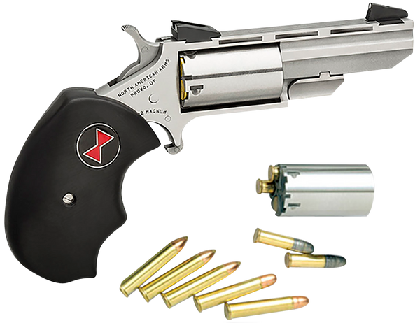 North American Arms BWC Black Widow  22 LR/22 WMR 5 Shot 2" Stainless Steel Vent Rib Barrel, Stainless Steel Frame, Stainless Cylinder, Black Finger Grooved Rubber Grip, Exposed Hammer