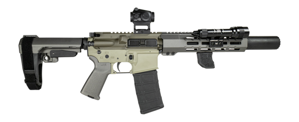 Shark Coast Tactical SCCSNKYSD556002 Sneeky Pete Deluxe 5.56 NATO 30+1 7.50" Threaded Barrel Aluminum Receiver w/Picatinny Rail, M-LOK Handguard, Polymer SB Tactical SBA3 Brace, Vortex Crossfire Red D
