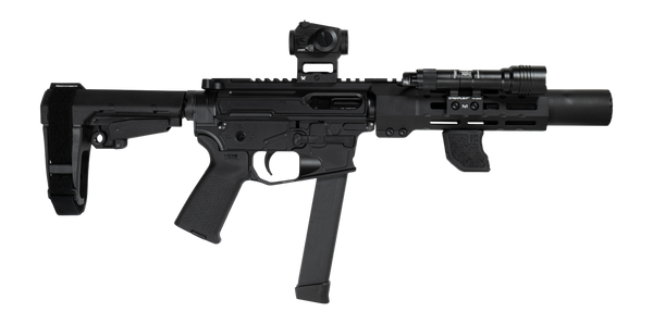 Shark Coast Tactical SCC06704SPBO9-D Sneeky Pete Deluxe w/Optic 9mm Luger 30+1 5.50" Black Melonite Threaded Barrel, Black Cerakote Receiver, SB Tactical SBA3 Brace, Vortex Crossfire Red Dot, Streamli